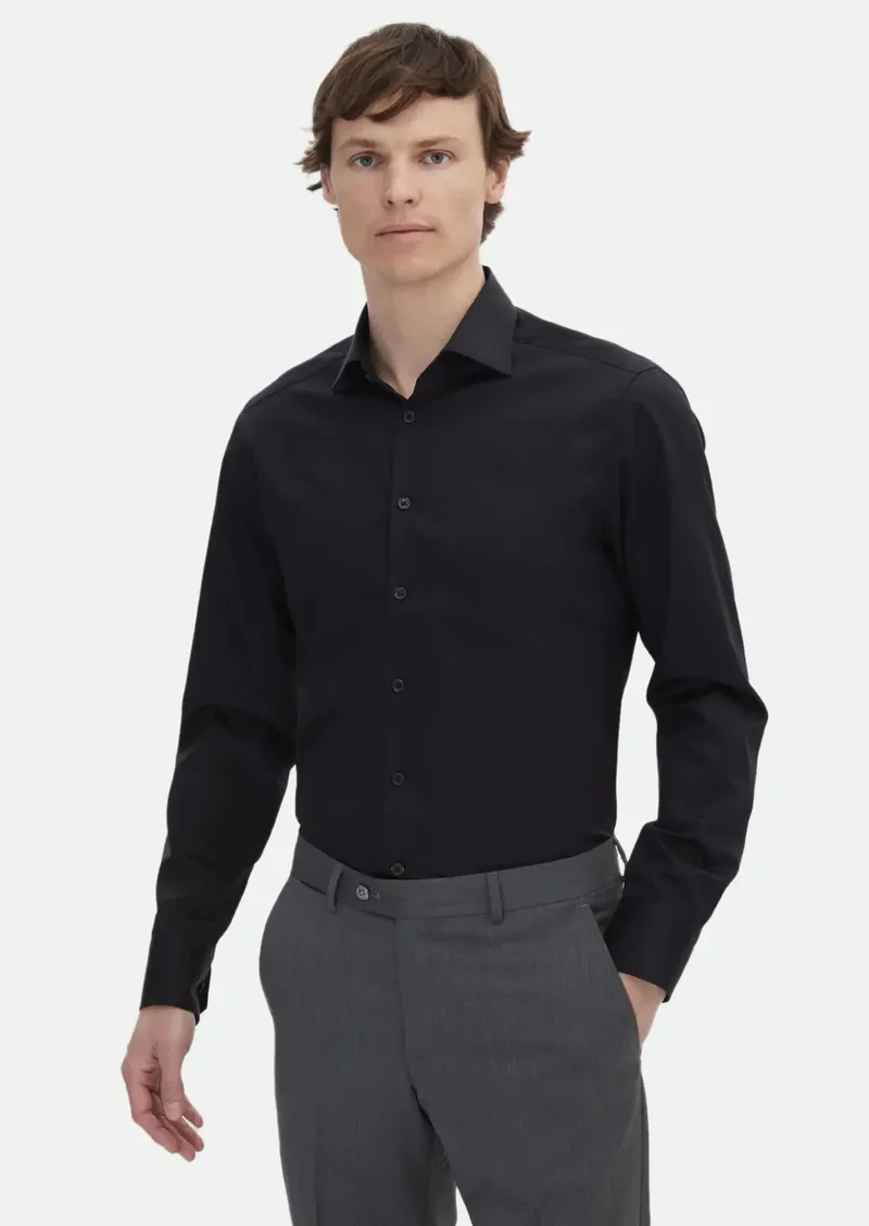 RAMSEY Black Plain Slim Fit Weaving Classical 100% Cotton Shirt