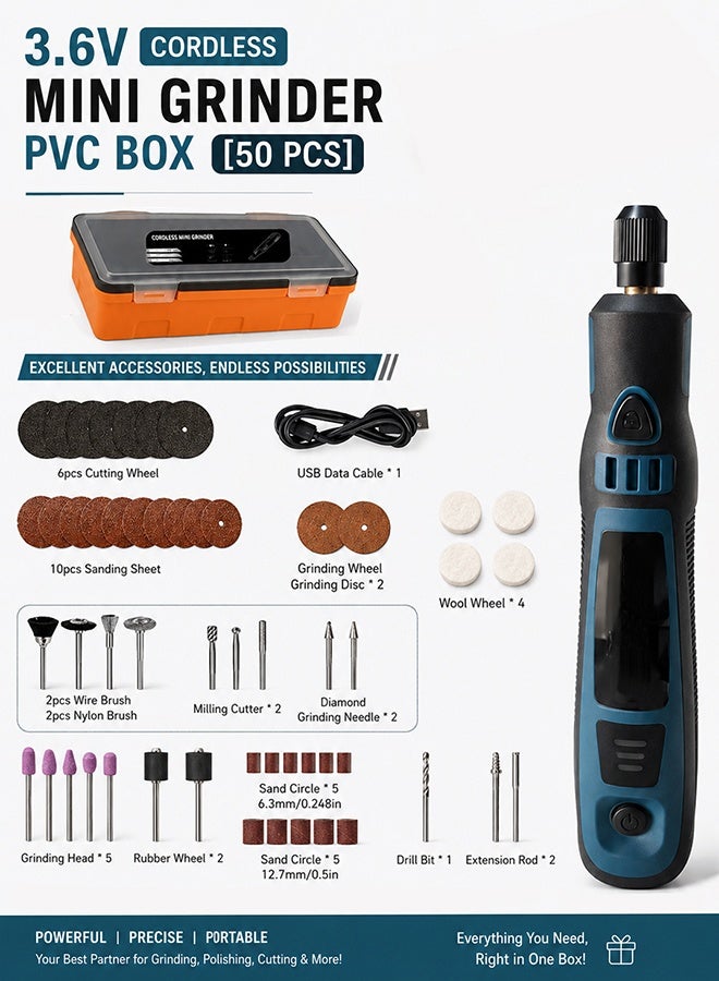 YIM-VIBEHAUS 50 Pcs DIY Small Electric Grinder, Household Hand-held Electric Polishing Tool for Jade, Wood & Metal Engraving, USB Rechargeable Electric Grinder Set Mini Small Electric Grinder Pen, Power Tool - Image 1