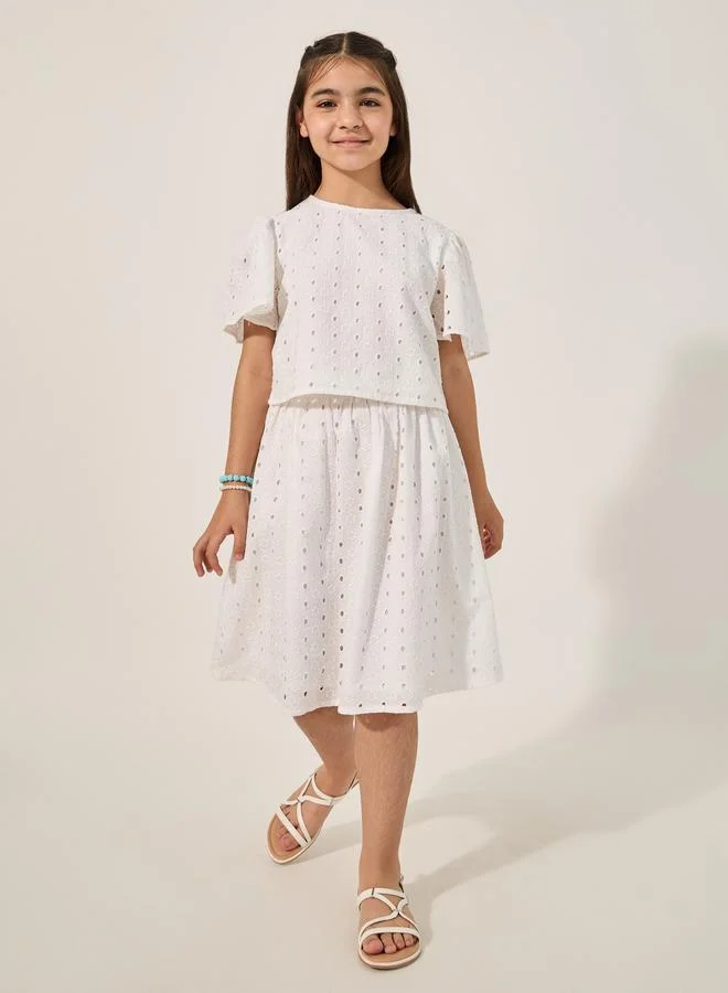 ستايلي Styli Schiffli Short Sleeve Blouse and Skirt Set