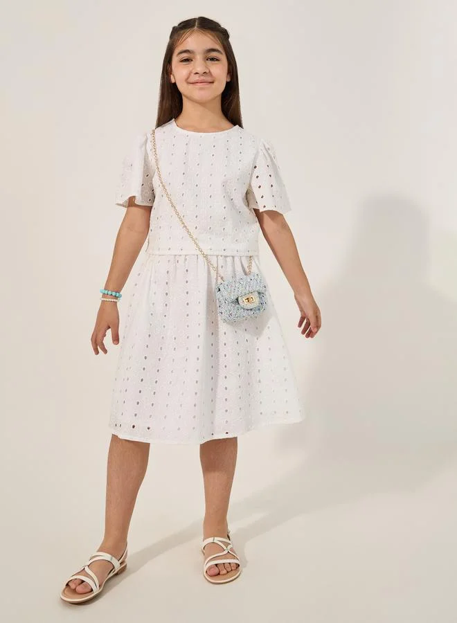 ستايلي Styli Schiffli Short Sleeve Blouse and Skirt Set