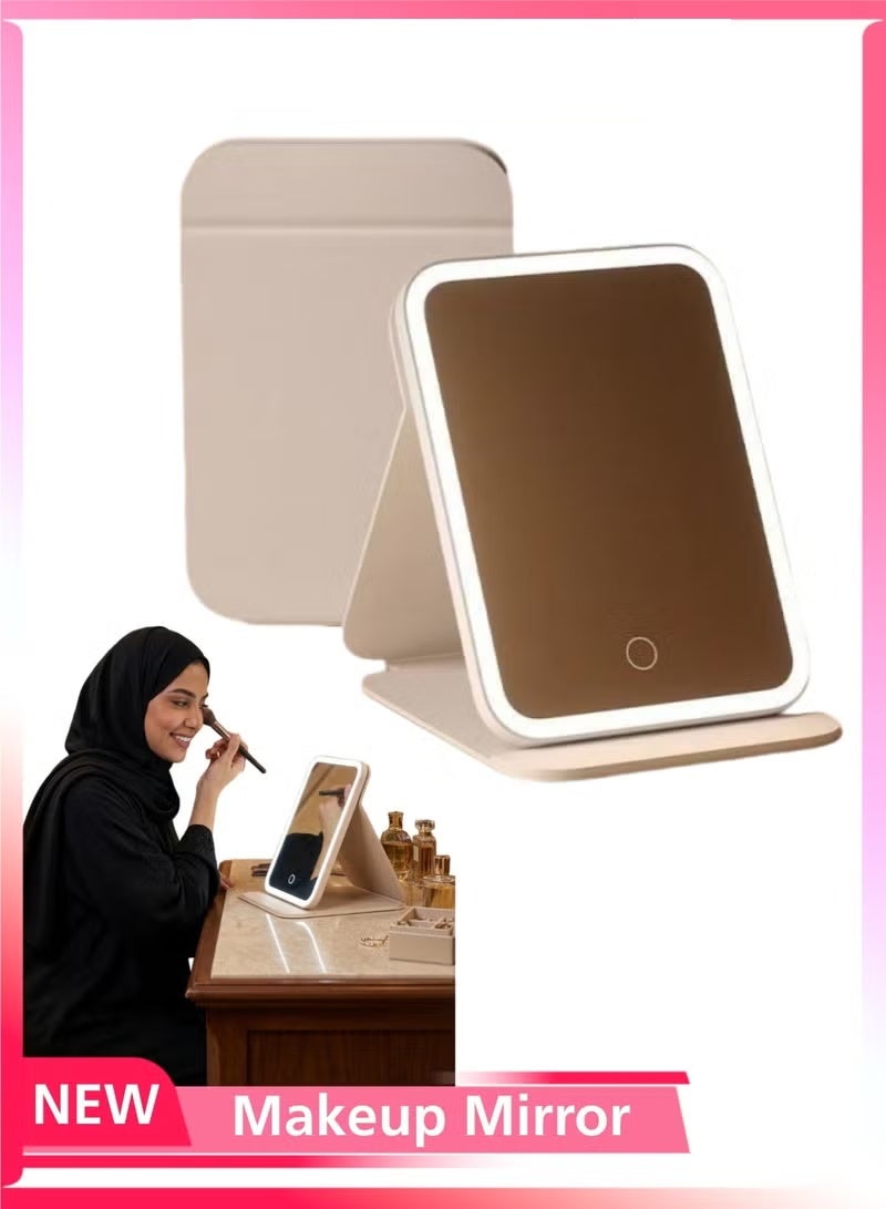 Portable LED Makeup Mirror With Lights, Vanity Mirror for Women, Touch Control with 3 Color Lighting Modes, HD Mirror Foldable Stand Adjustable Angle, Rechargeable Battery, USB Rechargeable, Light Mirror, Table Mirror, Led Mirror for Home Office Travel Makeup Skincare (White) - Image 1