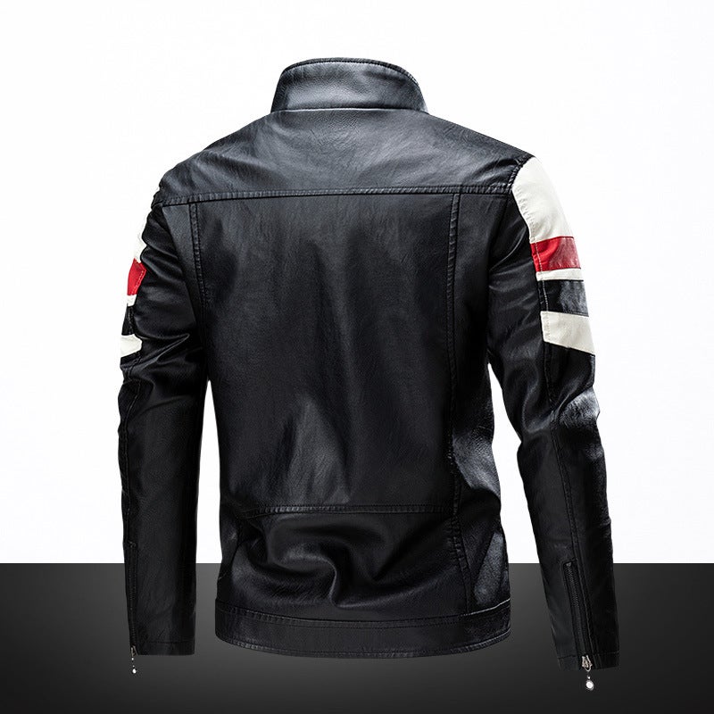 Leather Garment Insert Color Vertical Collar Puleather Biker Coat Thin Casual Leather Jacket Coat - Image 5