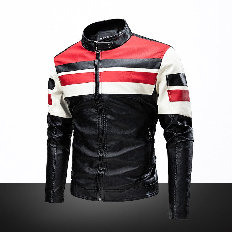 Leather Garment Insert Color Vertical Collar Puleather Biker Coat Thin Casual Leather Jacket Coat - Image 4