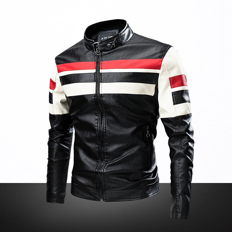 Leather Garment Insert Color Vertical Collar Puleather Biker Coat Thin Casual Leather Jacket Coat - Image 2