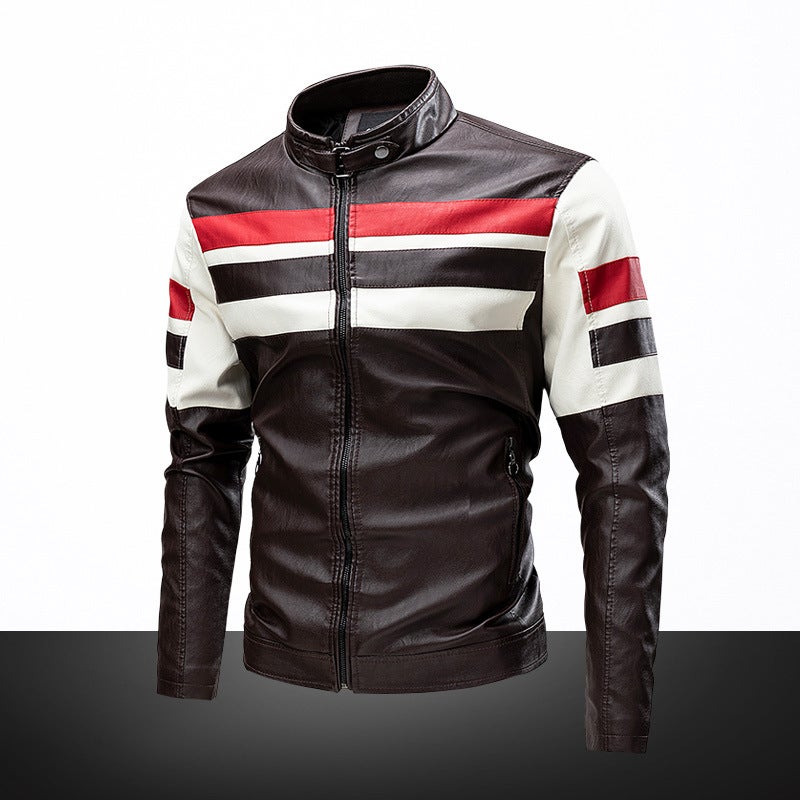 Leather Garment Insert Color Vertical Collar Puleather Biker Coat Thin Casual Leather Jacket Coat - Image 3