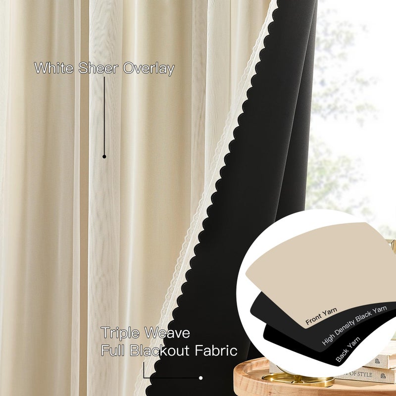 XiDi Beige Blackout Curtains with Sheer Overlay for Living Room Bedroom 63 Inches Long 2 Panels Mix & Match Double Layer Thermal Insulated Beige Window Drapes with Tiebacks Grommet Top W34 x L63 - Image 4