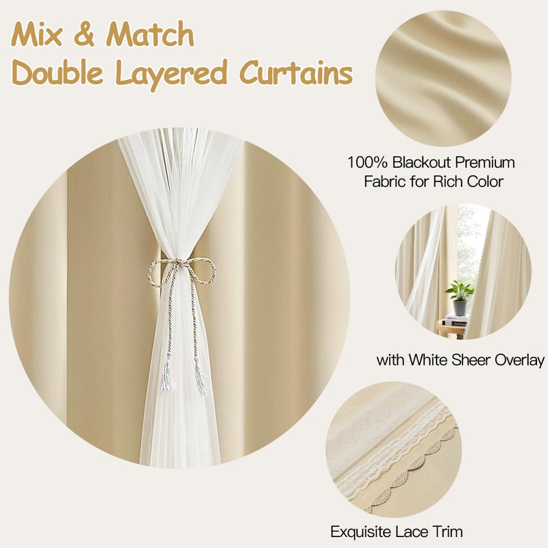 XiDi Beige Blackout Curtains with Sheer Overlay for Living Room Bedroom 63 Inches Long 2 Panels Mix & Match Double Layer Thermal Insulated Beige Window Drapes with Tiebacks Grommet Top W34 x L63 - Image 2