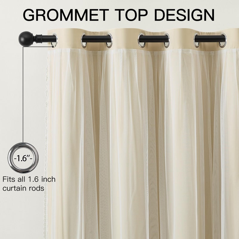 XiDi Beige Blackout Curtains with Sheer Overlay for Living Room Bedroom 63 Inches Long 2 Panels Mix & Match Double Layer Thermal Insulated Beige Window Drapes with Tiebacks Grommet Top W34 x L63 - Image 5