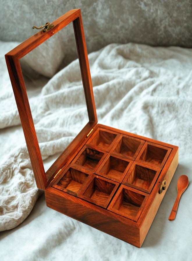 Freakway Wooden Spice Box Set For Kitchen With Container & Spoon In Sheesham Wood (9 Containers, Removable) -50 ML - Image 5