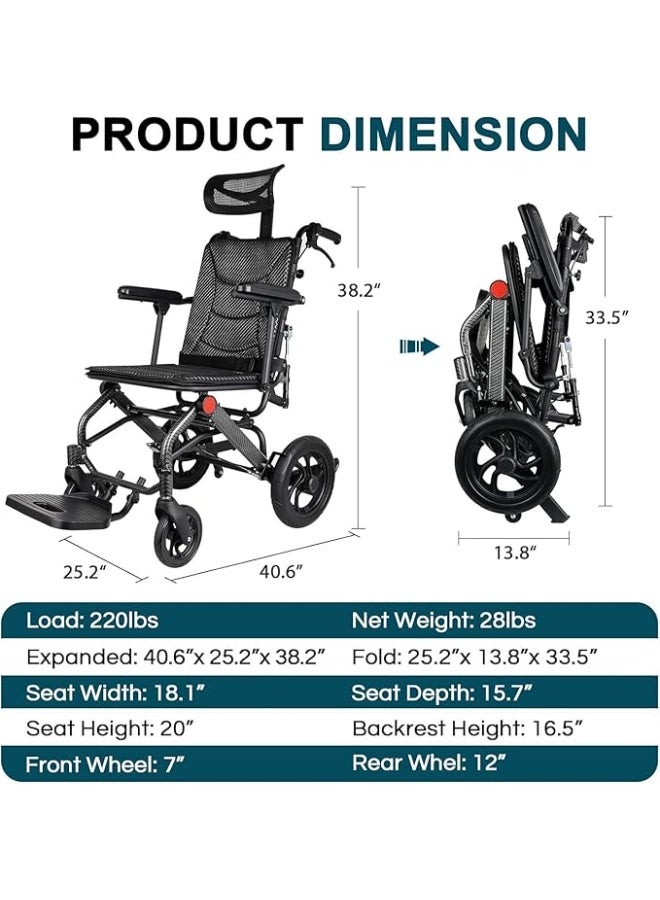 Cool Baby Ultra-light reclining travel wheelchair, aluminum alloy wheelchair, foldable wheelchair, load capacity 220 pounds, transport wheelchair, lightweight aluminum alloy wheelchair for the elderly - Image 3