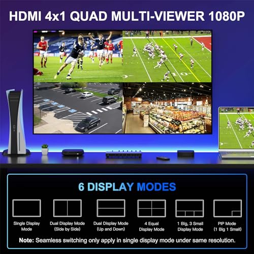 Portta مفتاح HDMI متعدد العرض 4x1 مع PIP، محول PORTTA الرباعي متعدد العرض بدون انقطاع 4 في 1 خارج مع Toslink، دعم مخرج الصوت 3.5 مم 1080p 60Hz، 6 أوضاع عرض، خافض الدقة، متوافق مع PS4 Xbox - Image 2