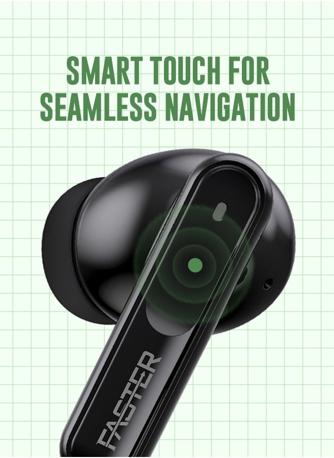 Faster - Slick X Wireless Earbuds with Extra Ear Tips - 6 Hours Playtime with Bluetooth 5.4 - HiFi Stereo Sound Airpods - Gaming Bluetooth Earphones with Ultra-Low Latency - Deep Bass, Touch Control - For Exercise, Gym - Compatible with iPhone & Android (Black) - Image 1