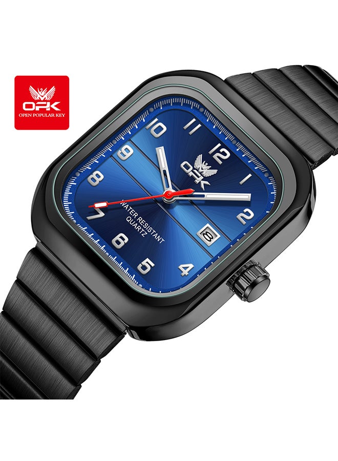 Opk Brand Watch, Stylish Business Exquisite Quartz Watch, Waterproof Single Calendar, Men'S Watch - 6040 Black Steel, Blue Dial. - Image 1