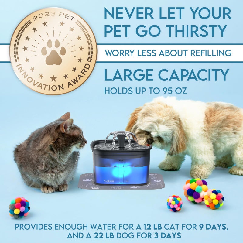 Veken Innovation Award Winner 95oz/2.8L Pet Fountain, Automatic Cat Water Fountain Dog Water Dispenser with Replacement Filters for Cats, Dogs, Multiple Pets (Space Black, Plastic) - Image 3
