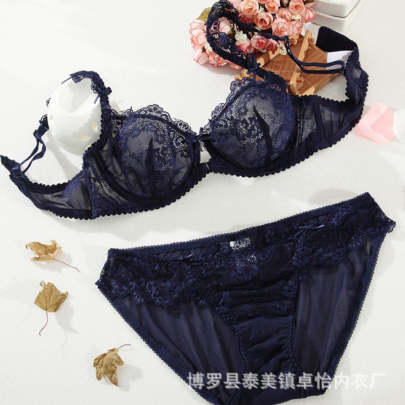 and sexy lace transparent big chest underwear women''s summer stock steel ring ultra-thin breathable large size bra set - Image 5
