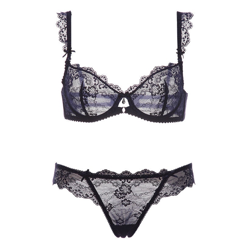 and sexy lace transparent big chest underwear women''s summer stock steel ring ultra-thin breathable large size bra set - Image 1