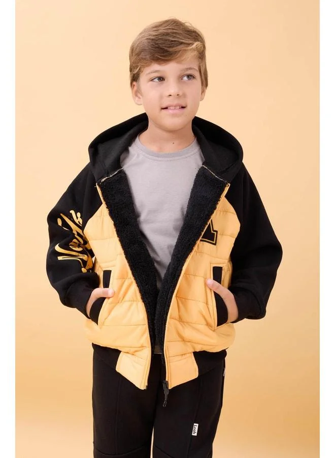 Perendi Boys' Plush-Lined Quilted Hooded College Jacket – Mustard.
