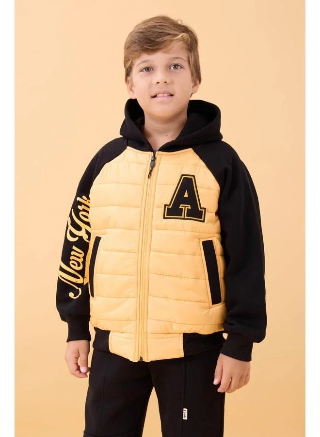 Perendi Boys' Plush-Lined Quilted Hooded College Jacket – Mustard.
