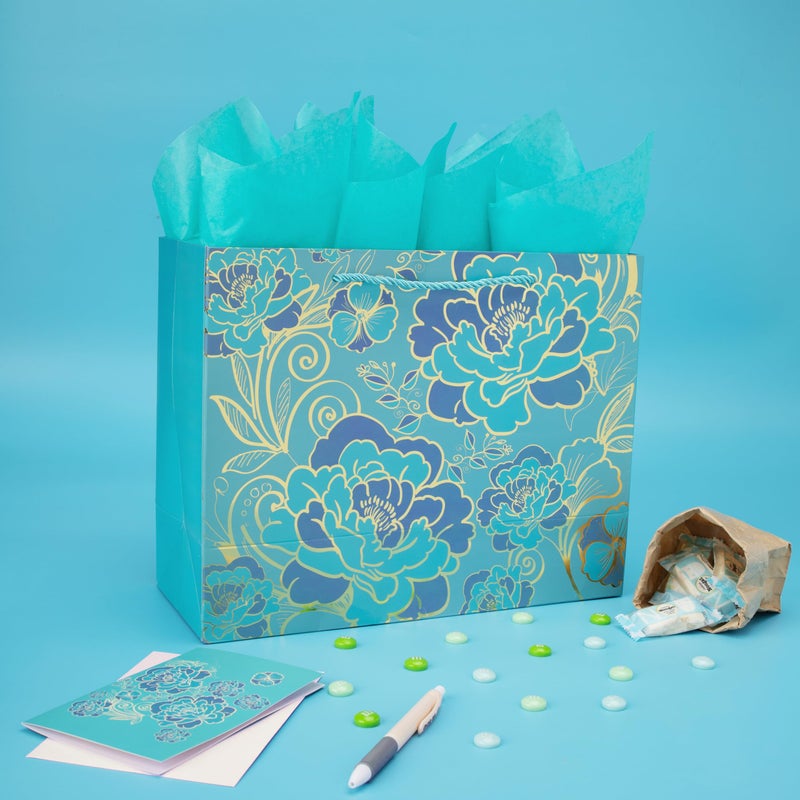 wishinside 13" Large Rose Green Gift Bag Set with Greeting Card and Tissue Paper(Foil Traced Flowers) for Celebrating Birthdays, Mother's Day, Valentine's Day, Weddings, Anniversaries- 13â€x5.2â€x10.2â€,1 Pcs. - Image 5