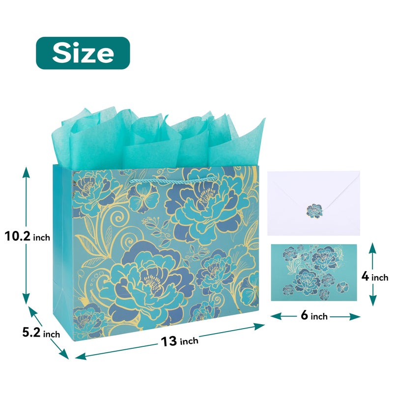 wishinside 13" Large Rose Green Gift Bag Set with Greeting Card and Tissue Paper(Foil Traced Flowers) for Celebrating Birthdays, Mother's Day, Valentine's Day, Weddings, Anniversaries- 13â€x5.2â€x10.2â€,1 Pcs. - Image 2