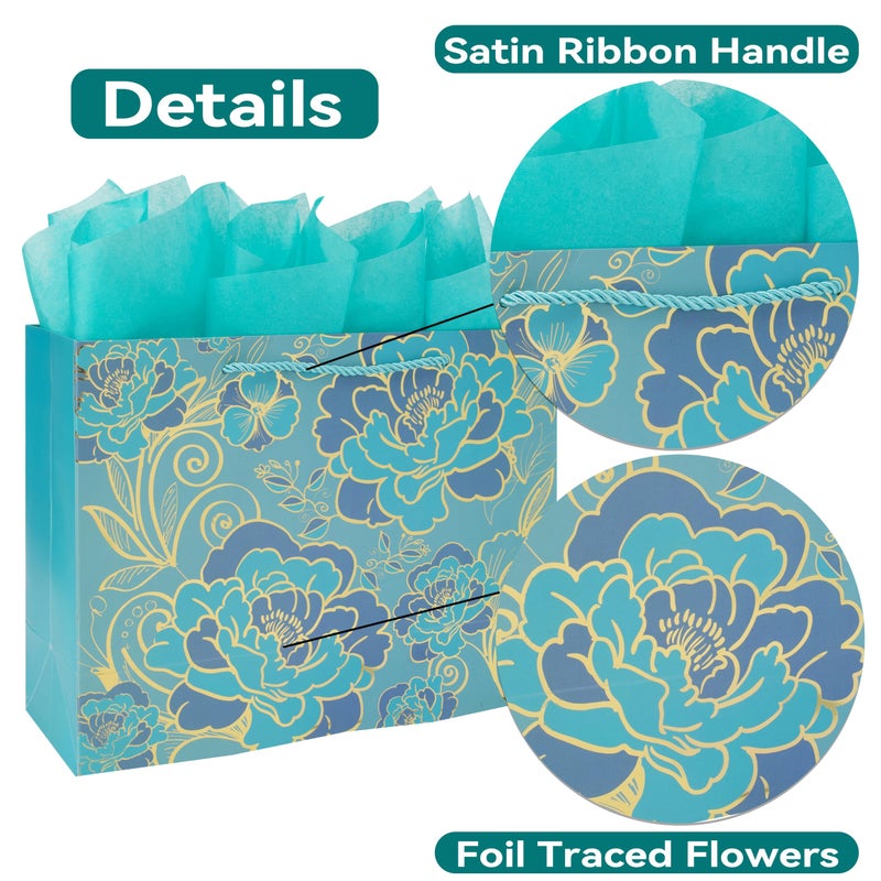 wishinside 13" Large Rose Green Gift Bag Set with Greeting Card and Tissue Paper(Foil Traced Flowers) for Celebrating Birthdays, Mother's Day, Valentine's Day, Weddings, Anniversaries- 13â€x5.2â€x10.2â€,1 Pcs. - Image 4