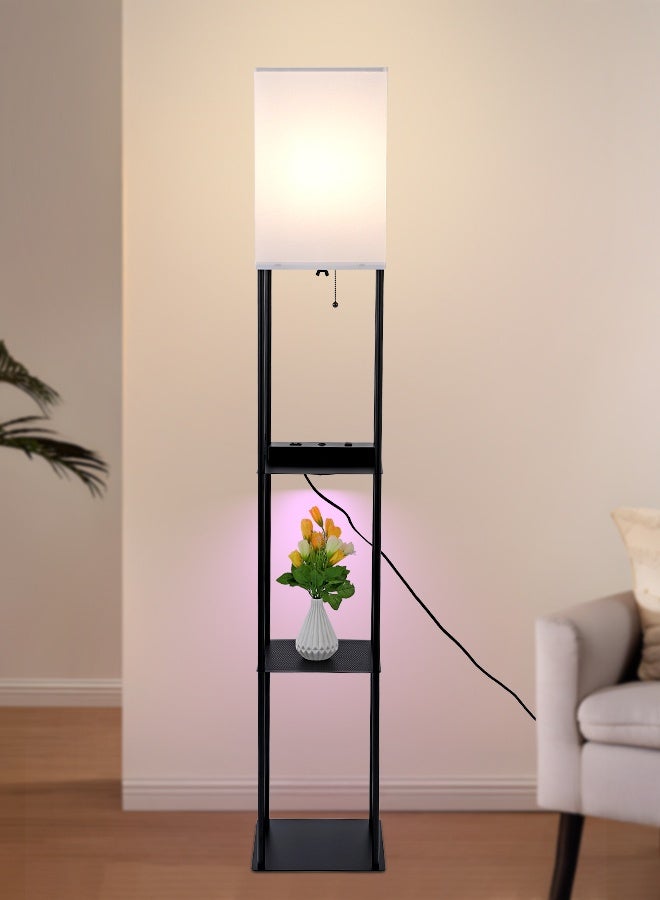 YATAI LIGHTING مصباح أرضي LED حديث بطول 62 بوصة، مع 3 ألوان للتعتيم (3000K-4000K-6000K)، قاعدة حديدية سوداء وظل قماشي مربع مع لمبة E27، مفتاح سلسلة سحب، منفذي شحن USB مزدوجين - Image 1