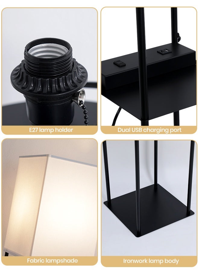 YATAI LIGHTING مصباح أرضي LED حديث بطول 62 بوصة، مع 3 ألوان للتعتيم (3000K-4000K-6000K)، قاعدة حديدية سوداء وظل قماشي مربع مع لمبة E27، مفتاح سلسلة سحب، منفذي شحن USB مزدوجين - Image 4