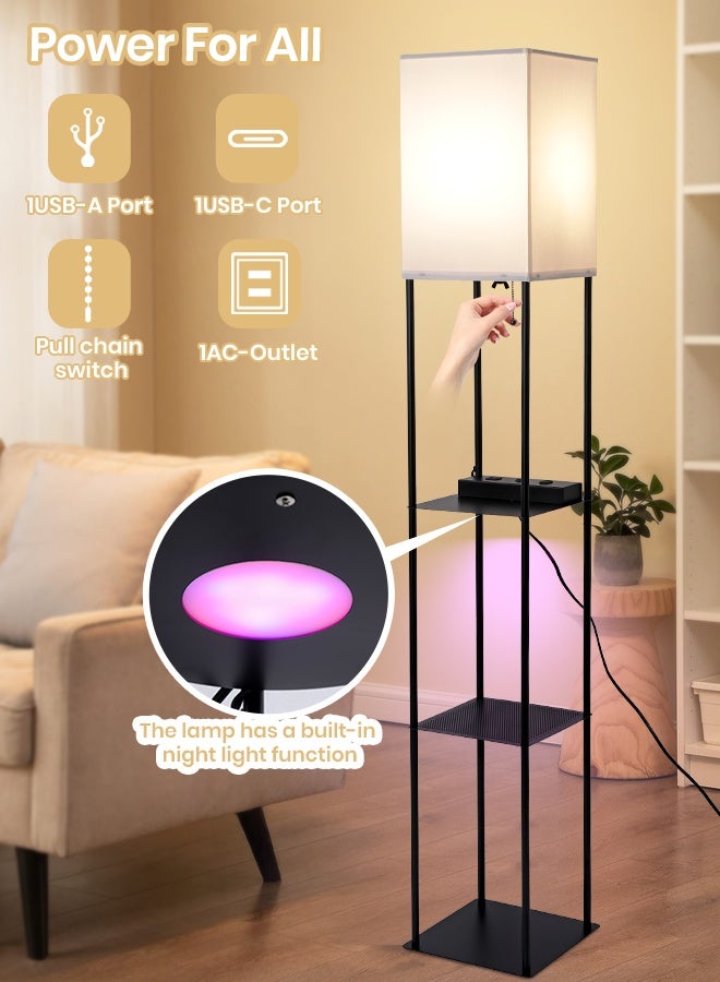 YATAI LIGHTING مصباح أرضي LED حديث بطول 62 بوصة، مع 3 ألوان للتعتيم (3000K-4000K-6000K)، قاعدة حديدية سوداء وظل قماشي مربع مع لمبة E27، مفتاح سلسلة سحب، منفذي شحن USB مزدوجين - Image 2