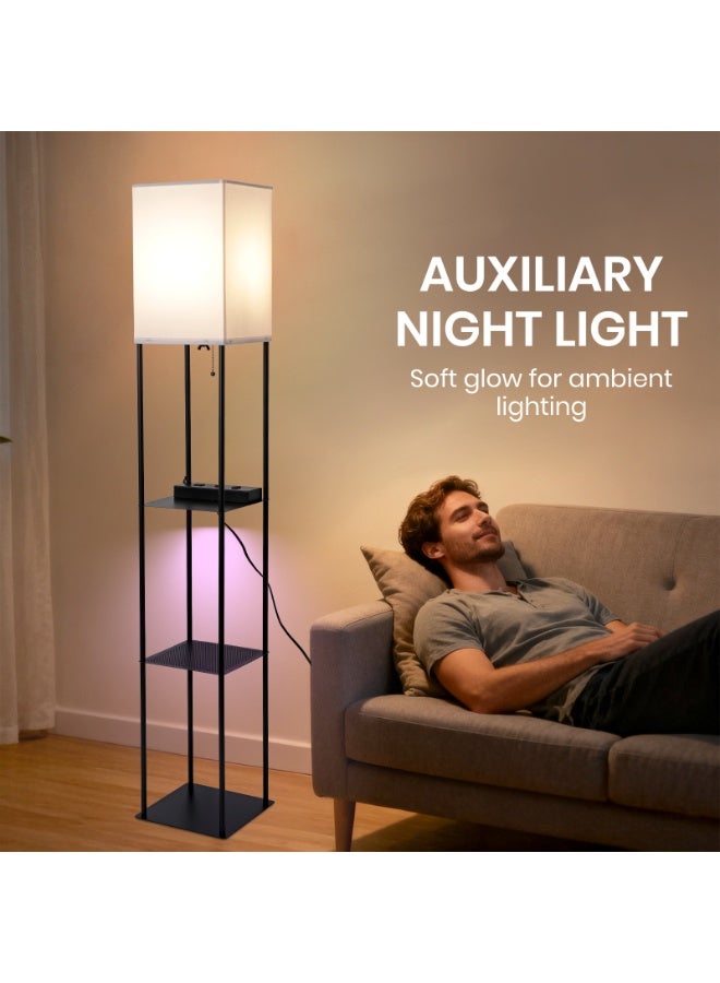 YATAI LIGHTING مصباح أرضي LED حديث بطول 62 بوصة، مع 3 ألوان للتعتيم (3000K-4000K-6000K)، قاعدة حديدية سوداء وظل قماشي مربع مع لمبة E27، مفتاح سلسلة سحب، منفذي شحن USB مزدوجين - Image 5