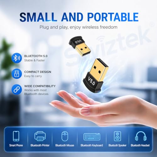 Swiztek USB Bluetooth Adapter for PC, 5.0 Bluetooth Dongle Receiver Supports Windows 10/8.1/7 for Desktop, Laptop, Mouse, Keyboard, Printers, Headsets, Speakers, PS4/ Xbox Controllers - Image 4