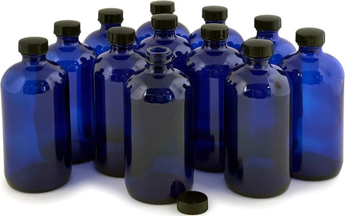 12 COBALT BLUE 16 OZ GLASS BOTTLES WITH LIDS
