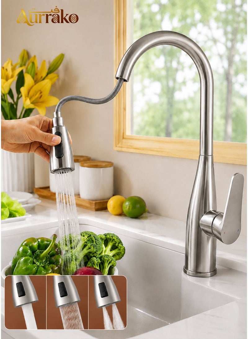 Aurrako Kitchen Faucet,Stainless Steel Kitchen Tap 4 Modes with Pull Out Spray Head ,360 Rotating Way,Single Handle High Pressure Hot and Cold Morden Kitchen Tap - Image 1