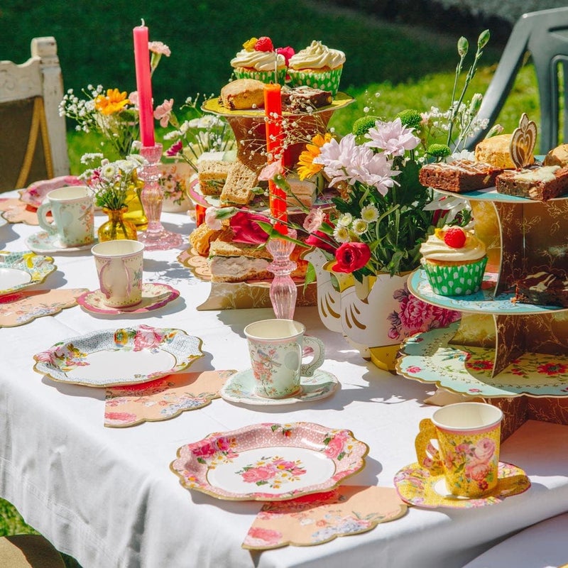 Talking Tables 12 × أكواب شاي ورقية زهرية قابلة للتصرف مع صحن، زينة طاولة حفلة شاي بعد الظهر لعيد الأم، عيد ميلاد، حفلة استقبال مولود، زفاف - Image 2