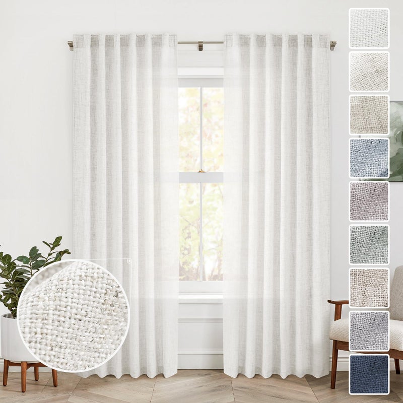 MEETBILY 92 Inches Long Modern Farmhouse Linen Curtains for Living Room Rod Pocket Back Tab Sheer Ivory Off White Curtains Neutral Cream Drapes for Bedroom Dining Room  92 Length 2 Panel Set - Image 1