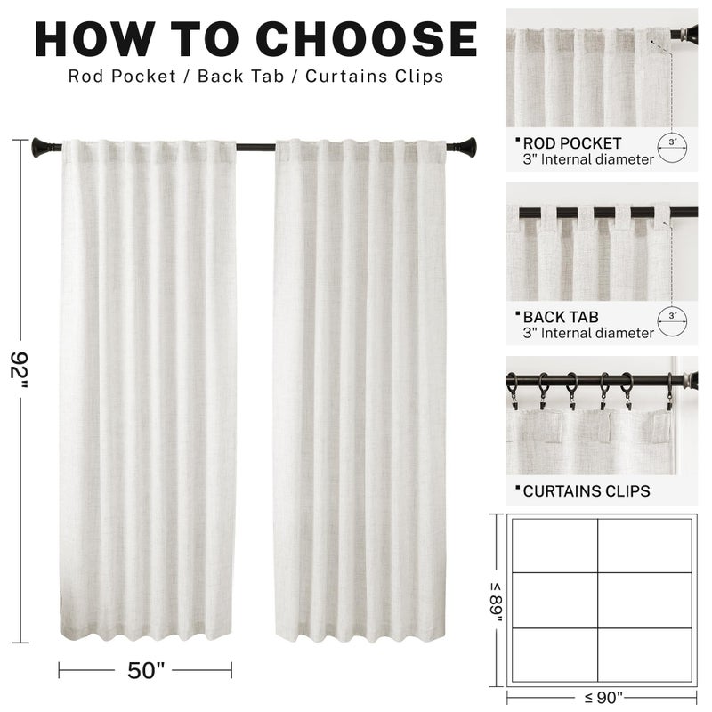 MEETBILY 92 Inches Long Modern Farmhouse Linen Curtains for Living Room Rod Pocket Back Tab Sheer Ivory Off White Curtains Neutral Cream Drapes for Bedroom Dining Room  92 Length 2 Panel Set - Image 3
