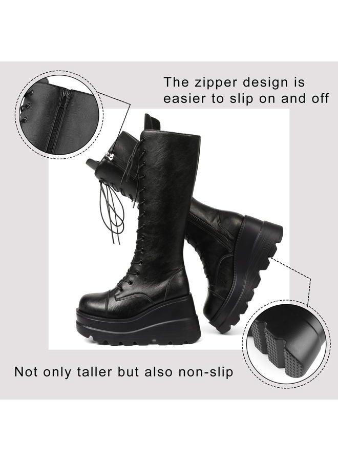 CELNEPHO Womens High Platform Mid Calf Wedges Chunky High Heel Round-Toe Side Zip Punk Combat Boots For Women, F-2black, 7 - Image 4
