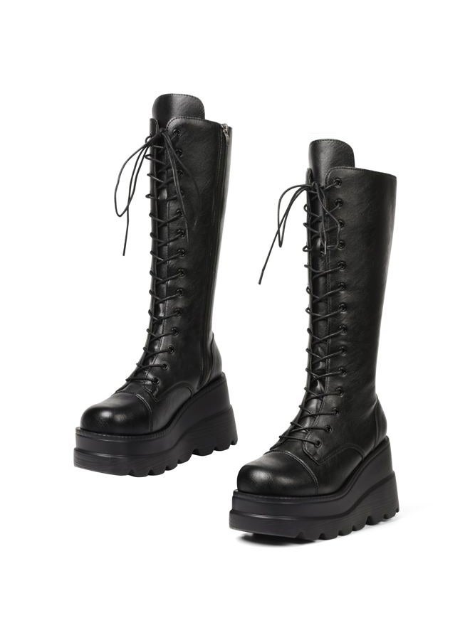 CELNEPHO Womens High Platform Mid Calf Wedges Chunky High Heel Round-Toe Side Zip Punk Combat Boots For Women, F-2black, 7 - Image 1