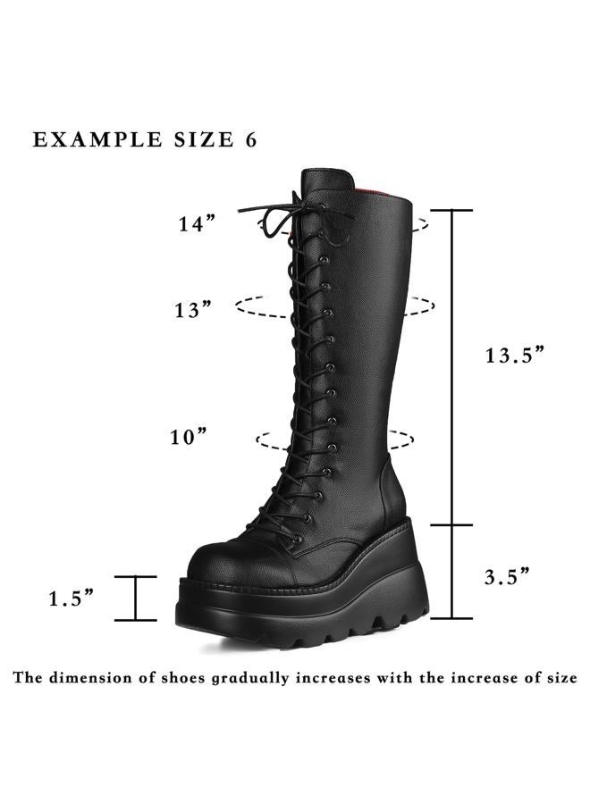 CELNEPHO Womens High Platform Mid Calf Wedges Chunky High Heel Round-Toe Side Zip Punk Combat Boots For Women, F-2black, 7 - Image 5