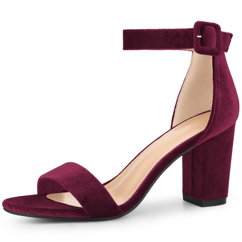 Perphy Burgundy Velvet Chunky Heel Buckle Ankle Strap Sandals for Women 85 M US