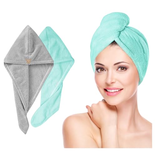 Fezora Hair Towel Wrap for Women (Pack of 2) | Quick-Dry Microfiber Hair Turban with Elastic Loop | Super Absorbent Hair Drying Towel for Ladies & Girls (Grey & Pista Green) - Image 1