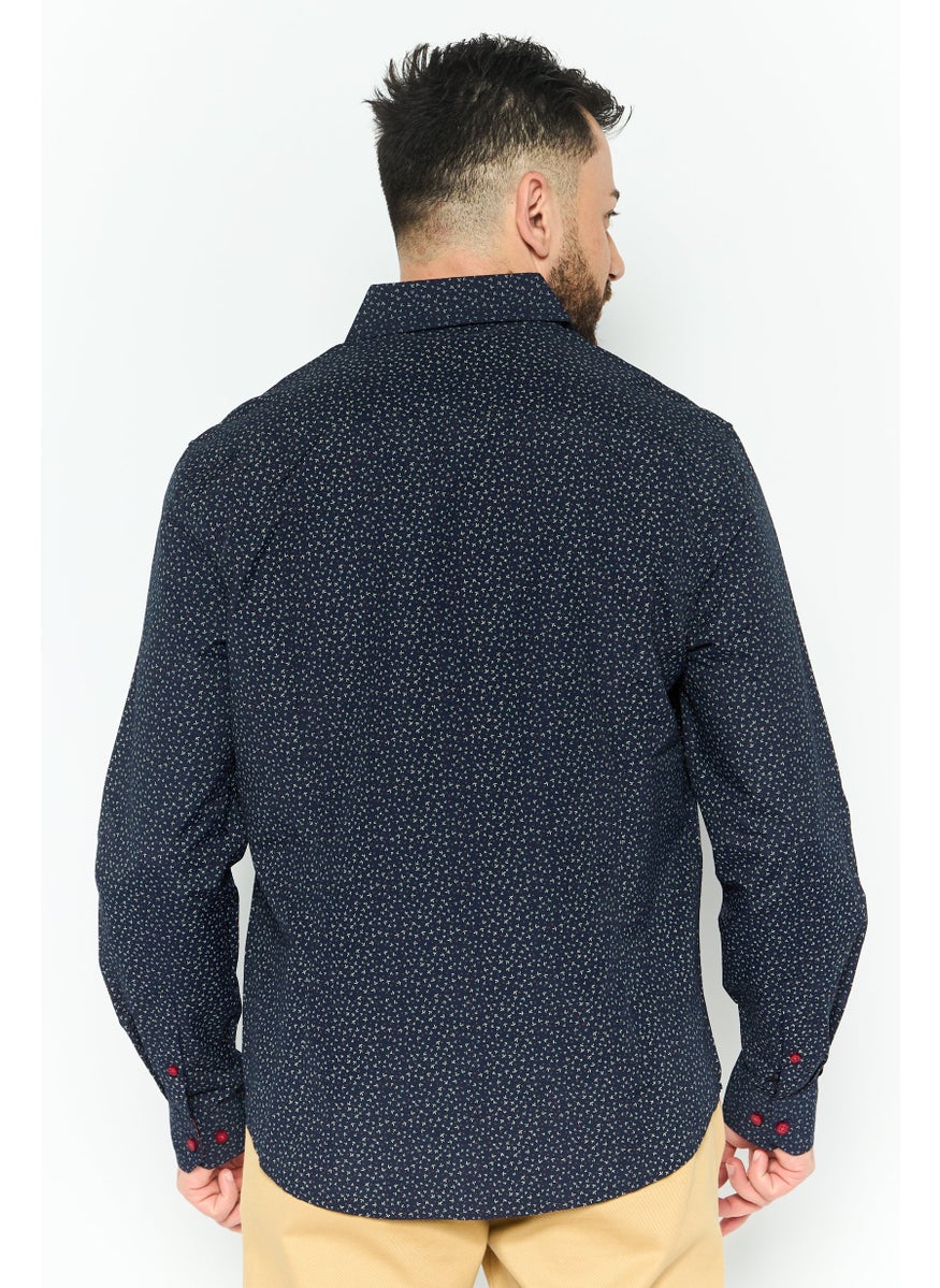 English Laundry Men Slim Fit Allover Print Long Sleeves Dress Shirt, Navy combo  - Image 2