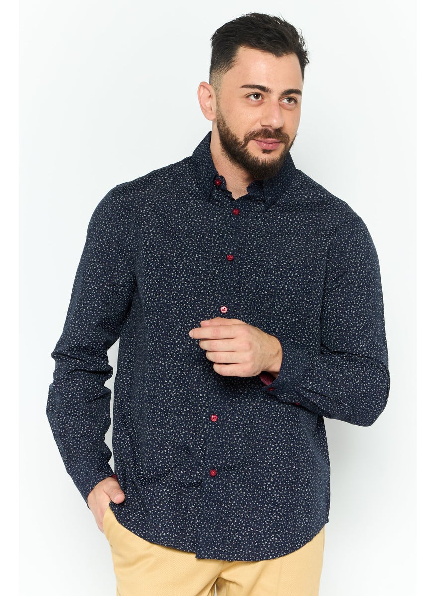 English Laundry Men Slim Fit Allover Print Long Sleeves Dress Shirt, Navy combo  - Image 1