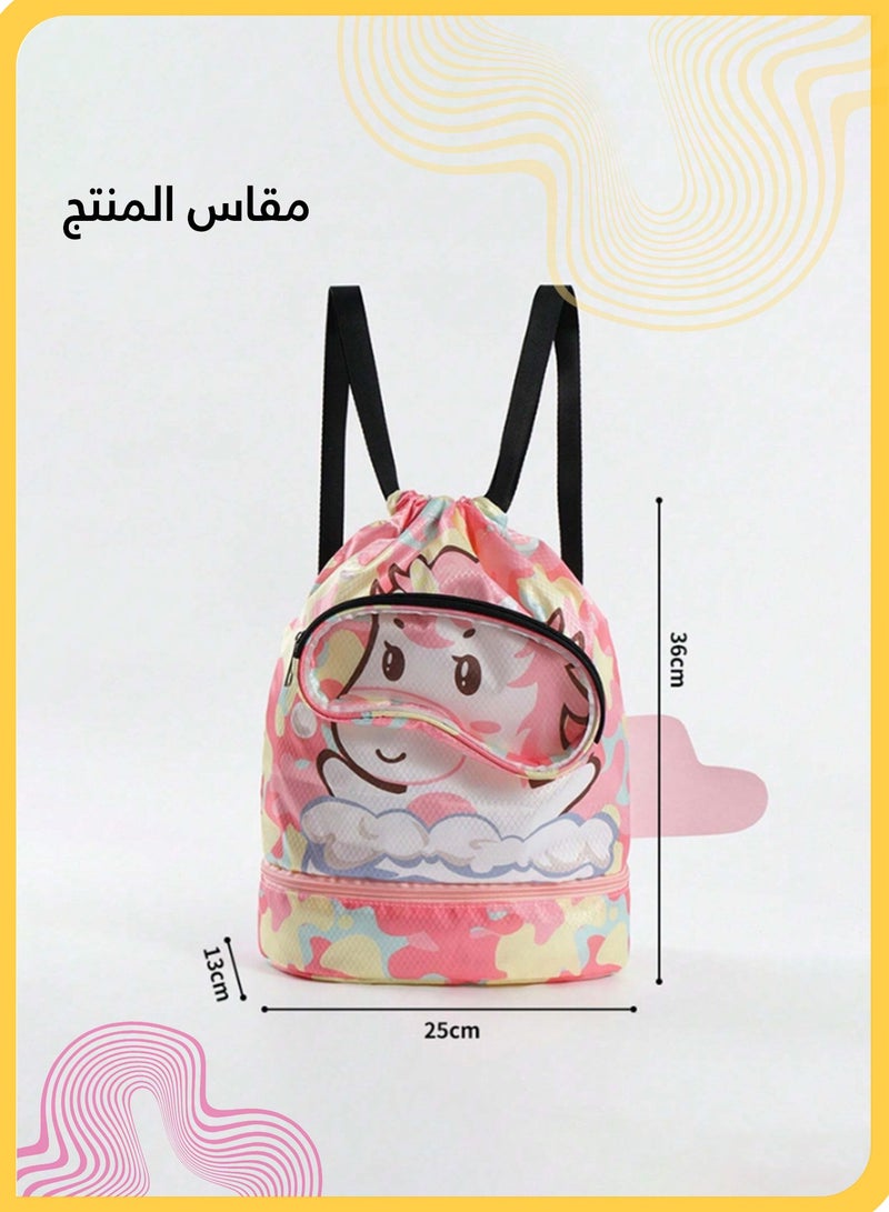 شي آند ليتل حقيبة سباحة منفصلة جافة ورطبة بتصميم ديناصور  حقيبة ظهر مقاومة للماء برباط مع حجرة للأحذية للبنات، حقيبة سفر للصالة الرياضية وحمام السباحة والشاطئ والمدرسة (وردي) - Image 5