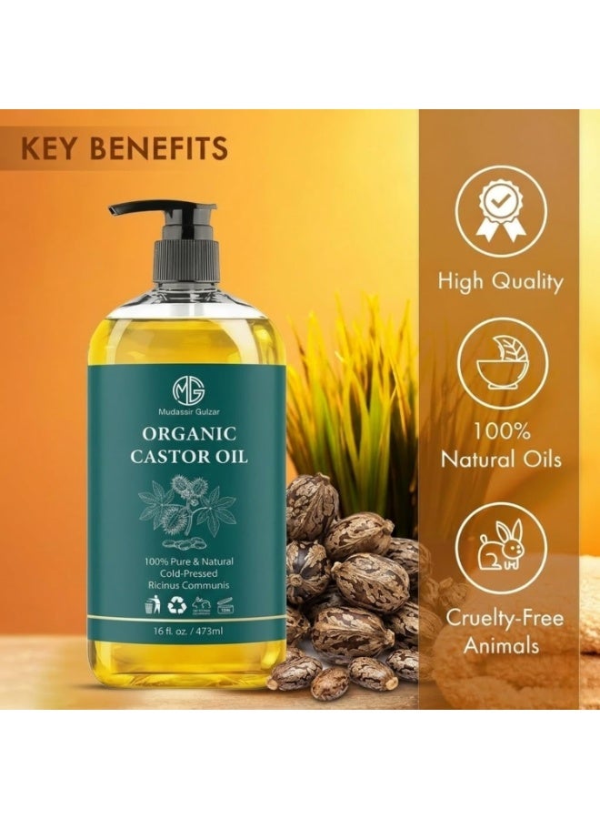 Mudassir Gulzar Organic Castor Oil 473ml (16 fl oz), Castor Oil Organic Cold Pressed, 100% Pure & Natural Organic Castor Oil Cold Pressed for Hair, Eyelashes, Eyebrows, Skin Care & Massage - Image 2