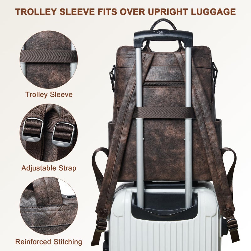 Shrrie Laptop Backpack for Women 15.6 inch,Travel Leather Backpack Purse Nurse Teacher Carry on Backpack Computer Bag,Professional Water-Resistant College Business Work Casual Daypack,Two-toned Coffee - Image 4