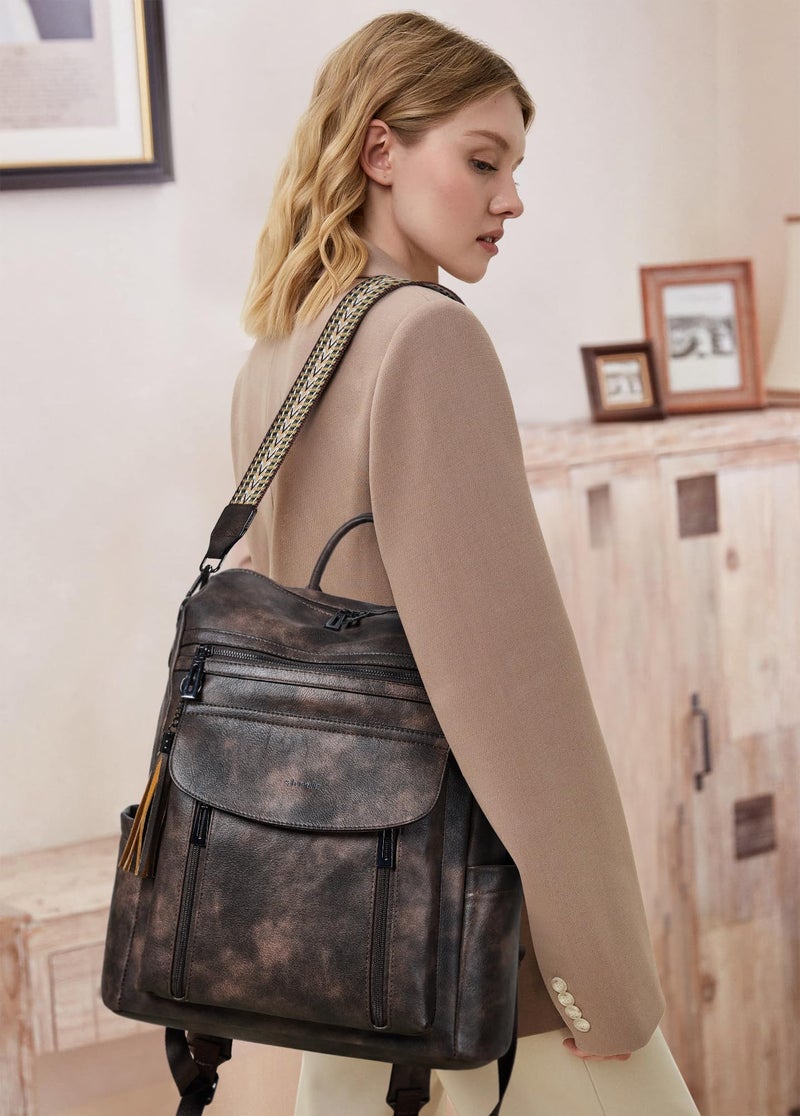 Shrrie Laptop Backpack for Women 15.6 inch,Travel Leather Backpack Purse Nurse Teacher Carry on Backpack Computer Bag,Professional Water-Resistant College Business Work Casual Daypack,Two-toned Coffee - Image 2