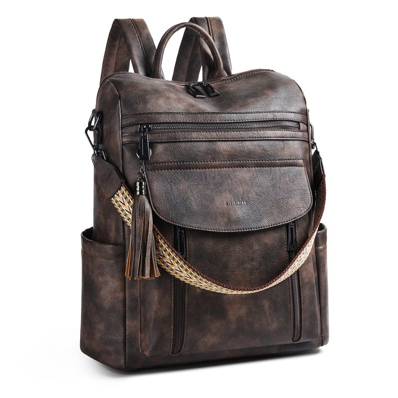 Shrrie Laptop Backpack for Women 15.6 inch,Travel Leather Backpack Purse Nurse Teacher Carry on Backpack Computer Bag,Professional Water-Resistant College Business Work Casual Daypack,Two-toned Coffee - Image 1