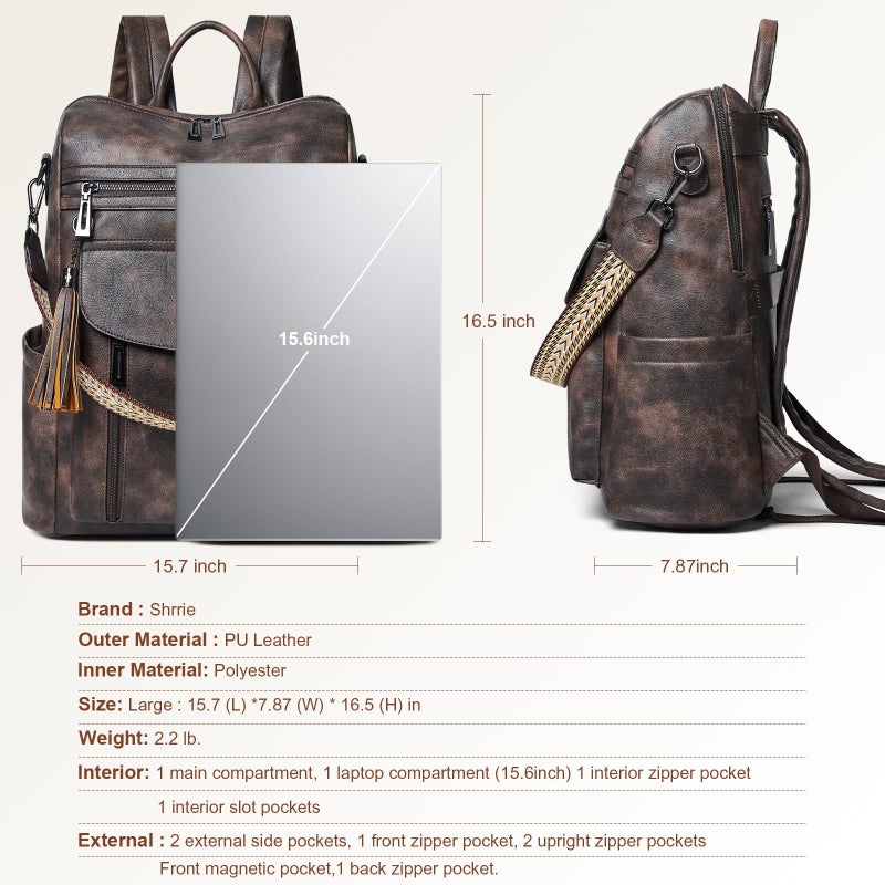 Shrrie Laptop Backpack for Women 15.6 inch,Travel Leather Backpack Purse Nurse Teacher Carry on Backpack Computer Bag,Professional Water-Resistant College Business Work Casual Daypack,Two-toned Coffee - Image 3
