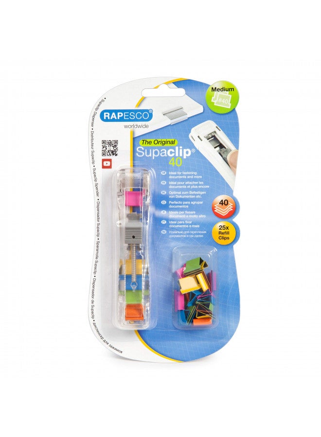 Rapesco Supaclip #40 Dispenser with 25 Multicoloured Refill Clips (RC4025MC) - Image 1