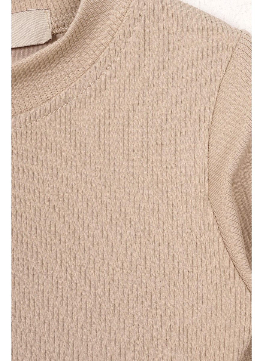 WEWE - Crew Neck Long Sleeve Basic Unprinted Beige Color Girl Bodysuit - Image 1
